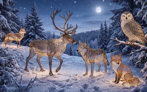 5K Ultra HD PC desktop wallpaper/background: moonlit snowy forest with winter animals — a stag, two foxes and a watchful owl perched among frosted pines.