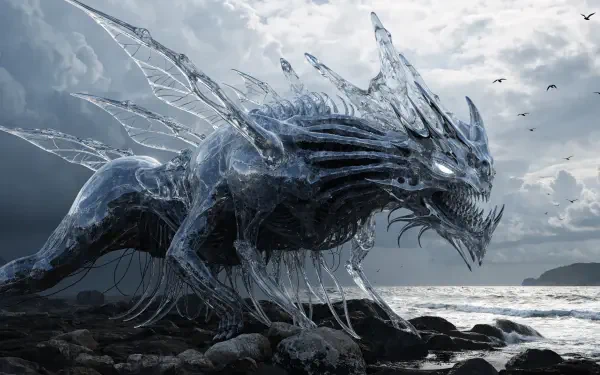 Translucent ice-dragon chimera monster prowls a windswept rocky shore beneath a stormy sky — 2K Quad HD PC desktop wallpaper and background.
