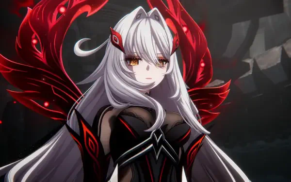 HD PC desktop wallpaper/background of Ronova (Genshin Impact): anime girl with long silver hair, red‑black outfit and glowing crimson wings set against a dark, atmospheric backdrop.