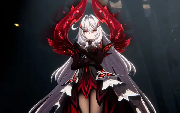 HD PC desktop wallpaper of Ronova (Genshin Impact): anime girl with long white hair in crimson-and-black armor, arms crossed against a dark, dramatic background.