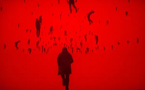 HD PC desktop wallpaper: Control Resonant — Dylan Faden silhouette walking toward floating dark figures against a blood-red background.