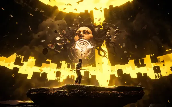 4K Ultra HD PC desktop wallpaper of Control: Resonant — a man on a floating rock beneath a glowing portal as a towering, fragmented face of Dylan Faden looms overhead.