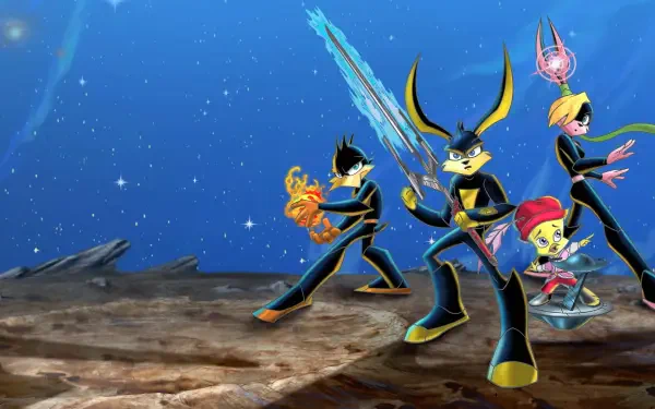 Loonatics Unleashed team in dynamic battle poses on a rocky alien plain, vibrant 4K Ultra HD PC desktop wallpaper and background under a starry blue sky.