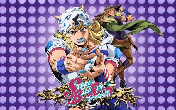 4K Steel Ball Run anime/manga wallpaper: Johnny Joestar reaching forward against a purple dotted backdrop with series logo, vivid colors and dynamic pose.