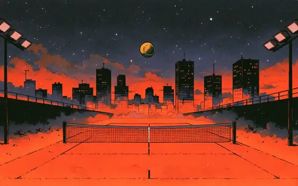2K Quad HD PC desktop wallpaper: glowing red tennis court and net under a starry night, tennis ball suspended above, silhouetted cityscape skyline and floodlights.