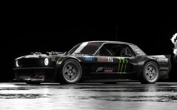 Dark Cars (Pixar)-inspired racing muscle car with gymkhana-style livery on wet reflective pavement — 4K Ultra HD PC desktop wallpaper/background.