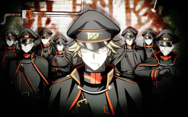 HD PC wallpaper: Tougen Anki's Hayate Todoroki leading uniformed anime soldiers in dark military coats and caps, stern faces set against a gritty, graffitied backdrop.