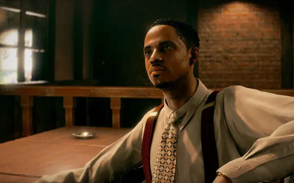 Stranger Than Heaven HD PC desktop wallpaper: a man in a suit and suspenders sits at a wooden table, bathed in moody, cinematic light against a dim, brick-walled interior.
