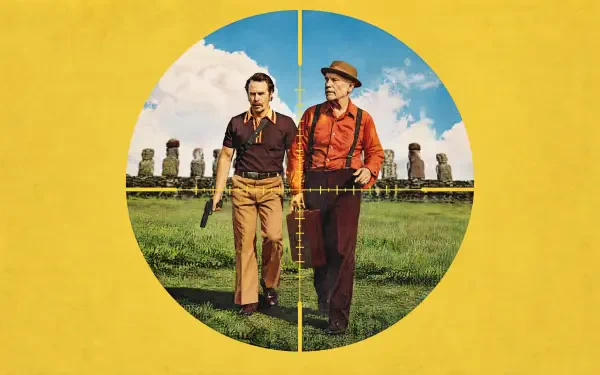 4K Ultra HD PC wallpaper Wild Horse Nine: two men walk across a grassy plain with stone monoliths under a blue sky, viewed through a circular crosshair on a yellow background.