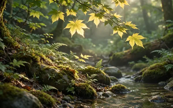 HD PC desktop wallpaper and background: peaceful forest stream with sunlit maple leaves over mossy rocks and ferns.