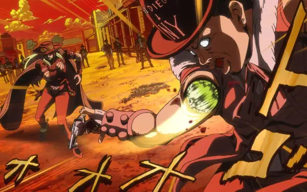 HD PC desktop wallpaper of Gyro Zeppeli from Steel Ball Run: anime fight scene in a desert town, Gyro launching a glowing steel ball amid dynamic motion and orange skies.