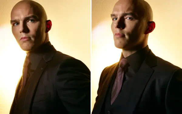 HD PC desktop wallpaper: two-panel portrait of a bald man in a dark suit with warm backlight, styled as Superman (2025) from DC Comics.