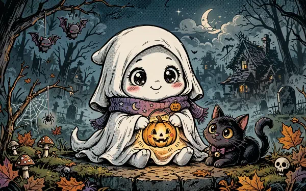 Spooky-cute 4K Ultra HD PC desktop wallpaper: a child in a ghost costume holding a jack-o'-lantern beside a black cat in a moonlit Halloween forest with pumpkins and a haunted house.