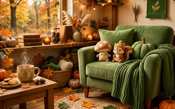 Cozy fall 4K Ultra HD PC desktop wallpaper: autumn living room scene with green armchair, plush toy squirrels and mushrooms, steaming mug, pumpkins and warm golden foliage through the window.