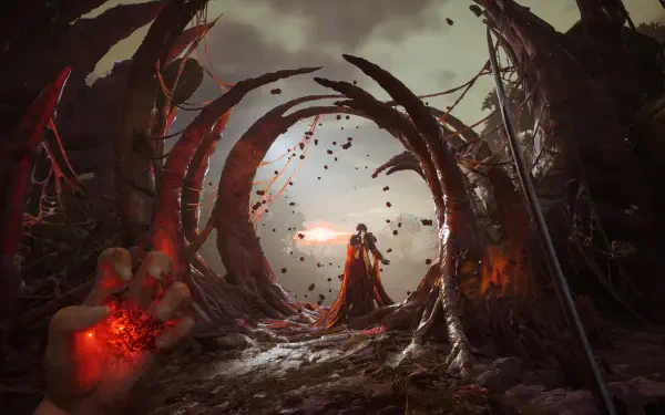HD PC desktop wallpaper/background: Valor Mortis — hooded figure faces a blood-streaked ring portal in twisted ruins, embers and falling ash.