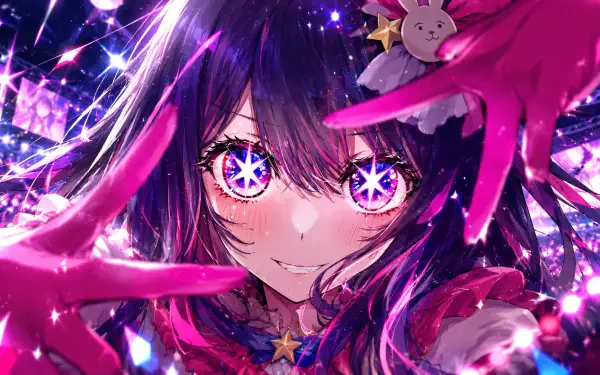 4K Ultra HD PC wallpaper: anime portrait of Ai Hoshino (Oshi no Ko), a girl with neon pink-purple hair, star-shaped glowing eyes and gloved hands framing her face against a sparkling landscape.