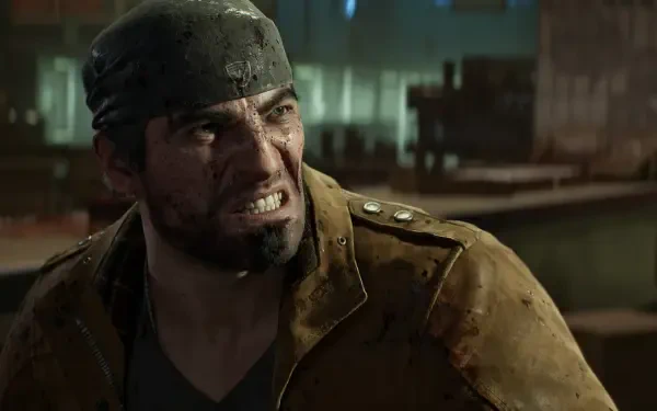 HD PC desktop wallpaper of Marcus Fenix from Gears of War: E-Day — a gritty soldier in a bandana and battle-worn jacket snarling amid smoky urban ruins.