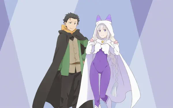 Re:Zero – Starting Life in Another World 4K Ultra HD PC wallpaper showing Subaru Natsuki and Emilia standing side by side against a stylized purple geometric background.