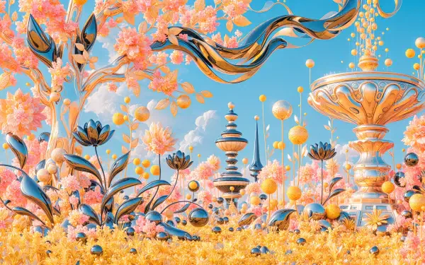 Vibrant 4K Ultra HD PC desktop wallpaper and background: a fantastical flower garden of golden blossoms, ornate fountains and flowing ribbons beneath a bright blue sky.