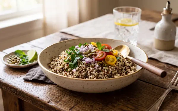 5K Ultra HD PC desktop wallpaper of a rustic bowl of cooked quinoa topped with cherry tomatoes, red onion and herbs on a wooden table with a glass of water in soft daylight.