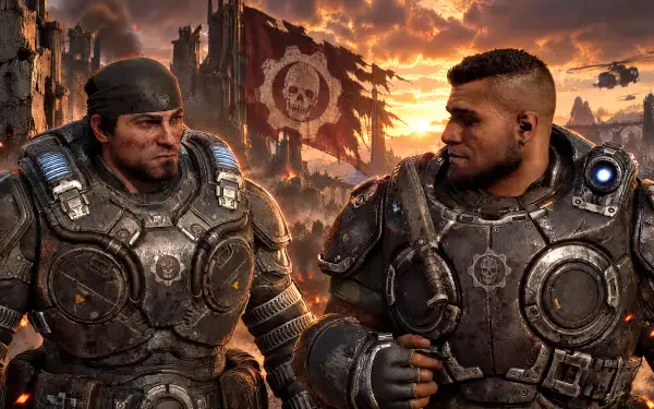 4K Ultra HD PC wallpaper: Marcus Fenix and Dominic Santiago in heavy COG armor, soldiers standing amid a ruined city with a Gears of War E-Day flag and fiery sunset.