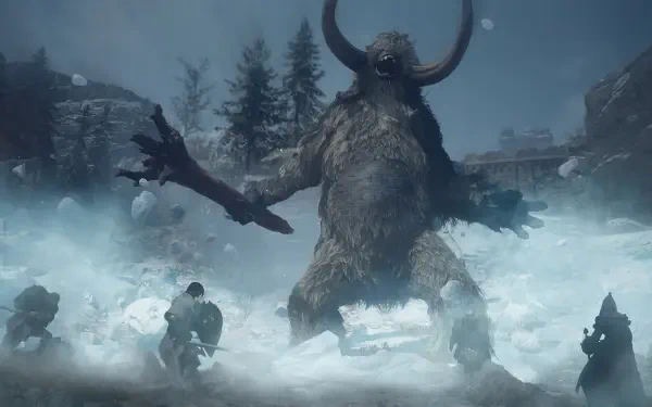 Dragon's Dogma 2 HD PC desktop wallpaper and background: a towering horned giant monster looms over armed figures in a snowy, moonlit battlefield.