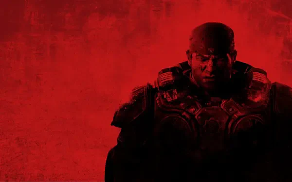 HD PC desktop wallpaper of Marcus Fenix in heavy armor, brooding against a blood-red E-Day backdrop from Gears of War.