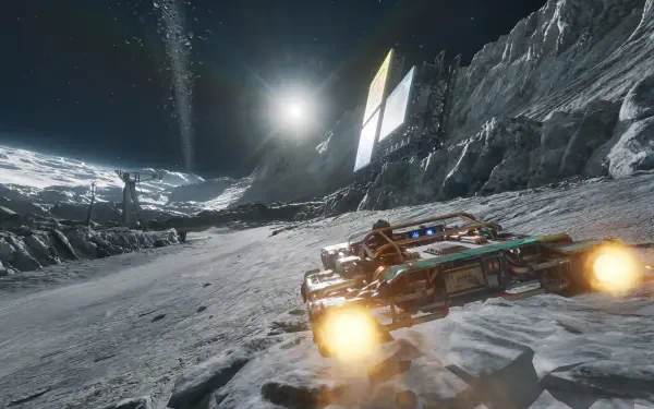 Star Wars: Galactic Racer rover racing across a cratered moon surface, exhaust flames lighting a rugged lunar plain — 4K Ultra HD PC desktop wallpaper