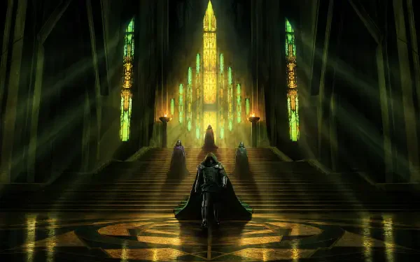 4K Ultra HD PC desktop wallpaper: Doctor Doom stands before a glowing throne in a vast castle as Avengers: Doomsday figures loom, green and gold light flooding the hall.