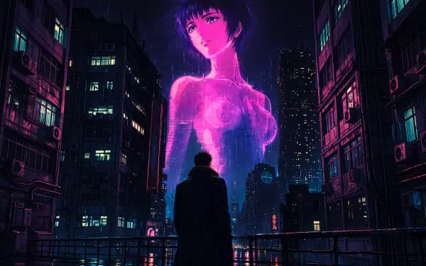 Cyberpunk 5K wallpaper merging Berserk and Blade Runner 2049: silhouetted Guts faces a towering neon hologram of Casca, an anime girl, over a rain‑slick futuristic city.