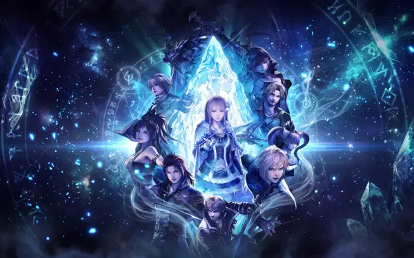 Final Fantasy Resonance anime characters surrounding a glowing blue crystal in a magical night sky, 5K Ultra HD PC desktop wallpaper and background.