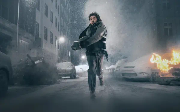 Resident Evil hero running through a snowy, war-torn city as cars burn, featured in a 4K Ultra HD PC desktop wallpaper and background.