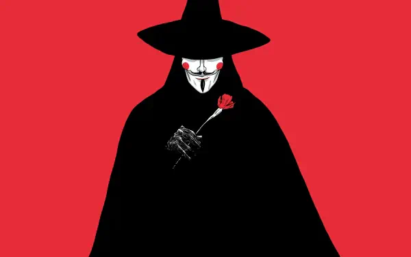 V for Vendetta masked figure holding a red rose against a bold red background, 4K Ultra HD PC desktop wallpaper.