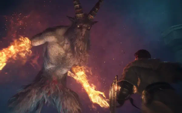 A fire-breathing monster faces an armed warrior in Dragon’s Dogma 2: Dark Arisen, a 4K Ultra HD PC desktop wallpaper.