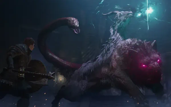 Dragon’s Dogma 2 4K Ultra HD PC wallpaper of an adventurer confronting a glowing-eyed sea monster underwater.