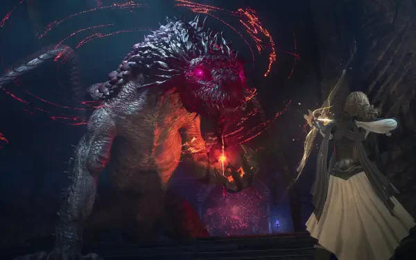 Dragon’s Dogma 2: Dark Arisen 4K Ultra HD PC wallpaper featuring a hulking monster facing a spellcasting mage amid glowing red magic.
