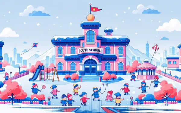 Cute pink-and-blue school with children playing in a snowy courtyard, 4K Ultra HD PC desktop wallpaper and background.