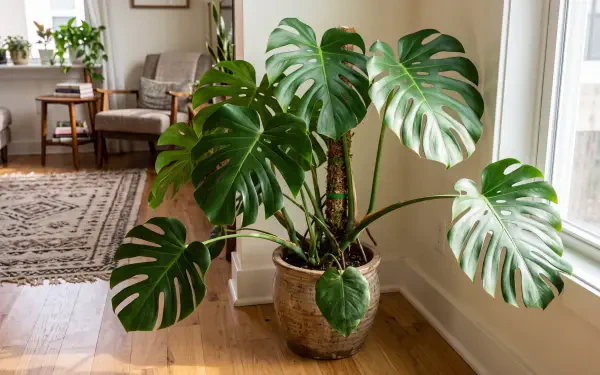 Lush monstera houseplant in a woven pot beside a bright living room window, 5K Ultra HD PC desktop wallpaper and background.