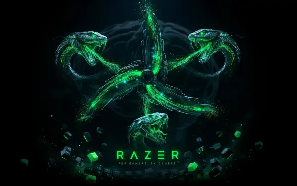 Green Razer snake logo and glowing RAZER text on a dark background, 4K Ultra HD video game PC desktop wallpaper.