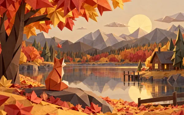 Aesthetic autumn fox beside a tranquil lake in a colorful forest, 4K Ultra HD desktop wallpaper and background.