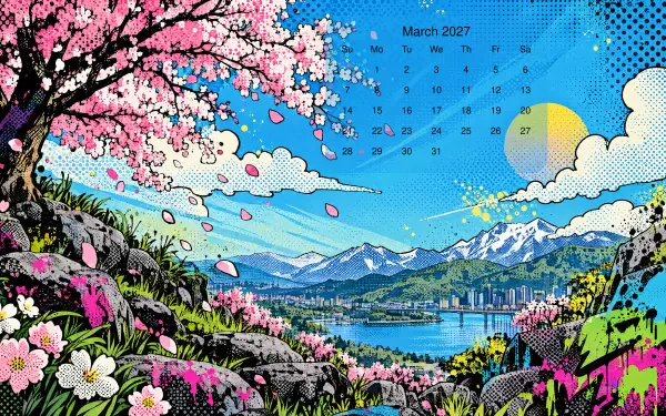 March 2027 calendar over a vibrant cherry blossom mountain and lake landscape, 4K Ultra HD PC desktop wallpaper and background.