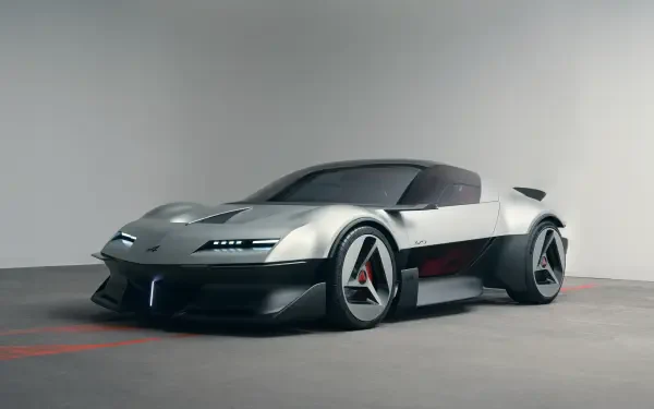 Alpine A310 Vision electric concept car in a sleek studio setting, featured in a 5K Ultra HD PC desktop wallpaper and background.