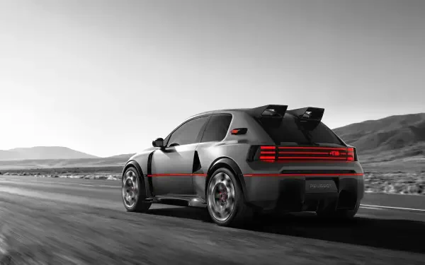 Peugeot E-T16 Concept sports car on a scenic road, rendered in monochrome with red accents, HD desktop wallpaper background.