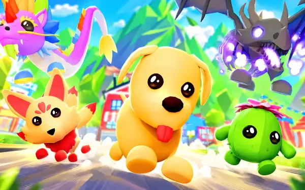Roblox Adopt Me! 4K Ultra HD desktop wallpaper featuring a cheerful cartoon puppy and colorful pets