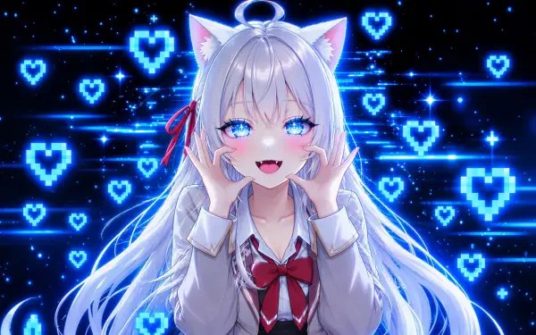 Cute blue-haired cat girl anime wallpaper with glowing blue hearts, inspired by Alya Sometimes Hides Her Feelings in Russian, HD PC desktop background.