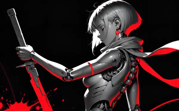 Monochrome cyberpunk warrior wielding a sword with flowing red ribbons, HD PC desktop wallpaper and background.