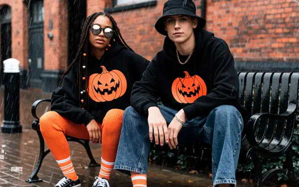 Halloween couple in pumpkin-print streetwear sweatshirts on a city bench, 4K Ultra HD PC desktop wallpaper background.