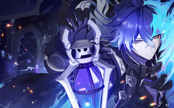 5K Ultra HD Genshin Impact desktop wallpaper featuring blue-haired anime boy Flins beside a futuristic armored figure amid glowing blue effects.