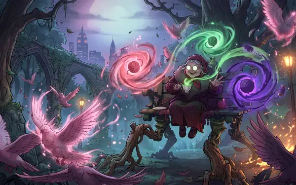 Baba the wizard conjures swirling magical portals in a fantasy forest, Deadlock (2024) 5K Ultra HD PC desktop wallpaper.