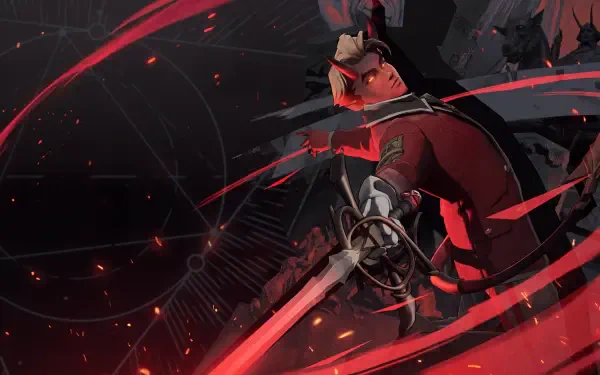 Apollo from Deadlock (2024), an anime warrior wielding a sword amid dramatic red and black effects, in a 5K Ultra HD PC desktop wallpaper.